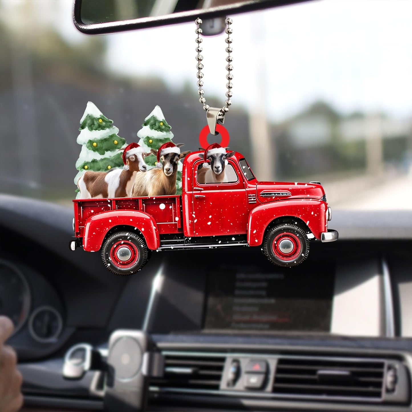 Talataca Goat Red Christmas Truck Pine Tree Farm Animal Lover 2D Flat Car Rear View Mirror Accessories Christmas Tree Ornament Decoration Hanging Charm Interior Rearview Pendant Decor Gift