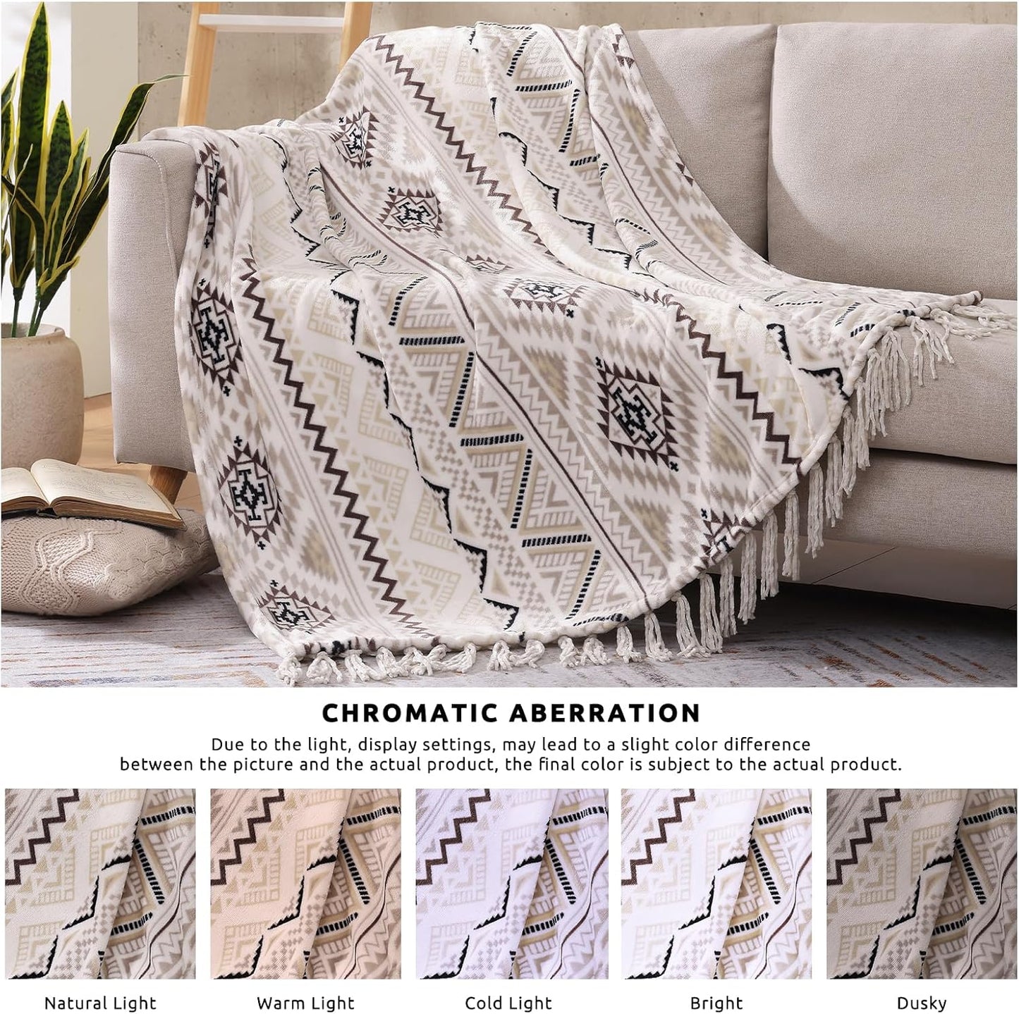 CASAAGUSTO Boho Throw Blanket - Beige and Gray Decorative Blankets with Tassel, Printed Flannel Bohemian Blanket for Chair, Bed, Sofa, Couch(50 * 60, Beige and Gray)