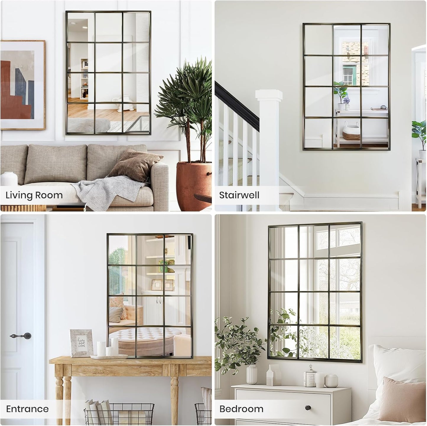 Windowpane Wall Mirror 24"x36" Bronze Wall Mounted Art Pane Mirror Farmhouse Decorative Mirror Leaning Hanging Wall Mirror for Bedroom Living Room Entrance Hallway Wall Decor