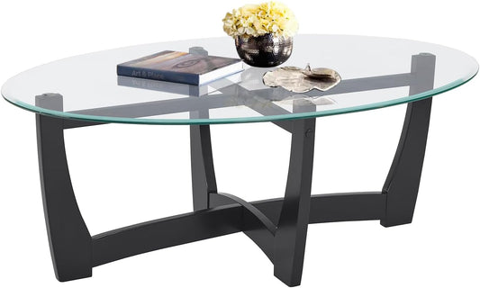 48" Oval Glass Coffee Table with Tempered Glass Top Cross and Solid Wood Base Simple & Modern Center Table for Living Room Office Apartment Black