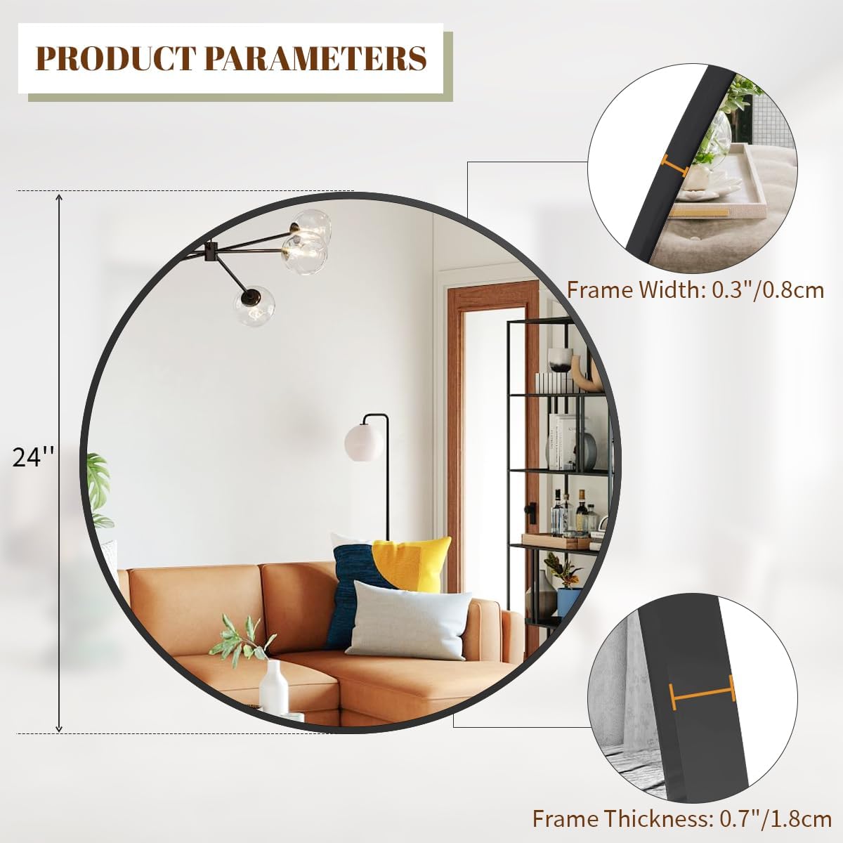 BEAUTYPEAK 24 Inch Round Mirror, Metal Frame Circle Mirror, Wall Mounted for Entryway, Bathroom, Vanity, Living Room, Black