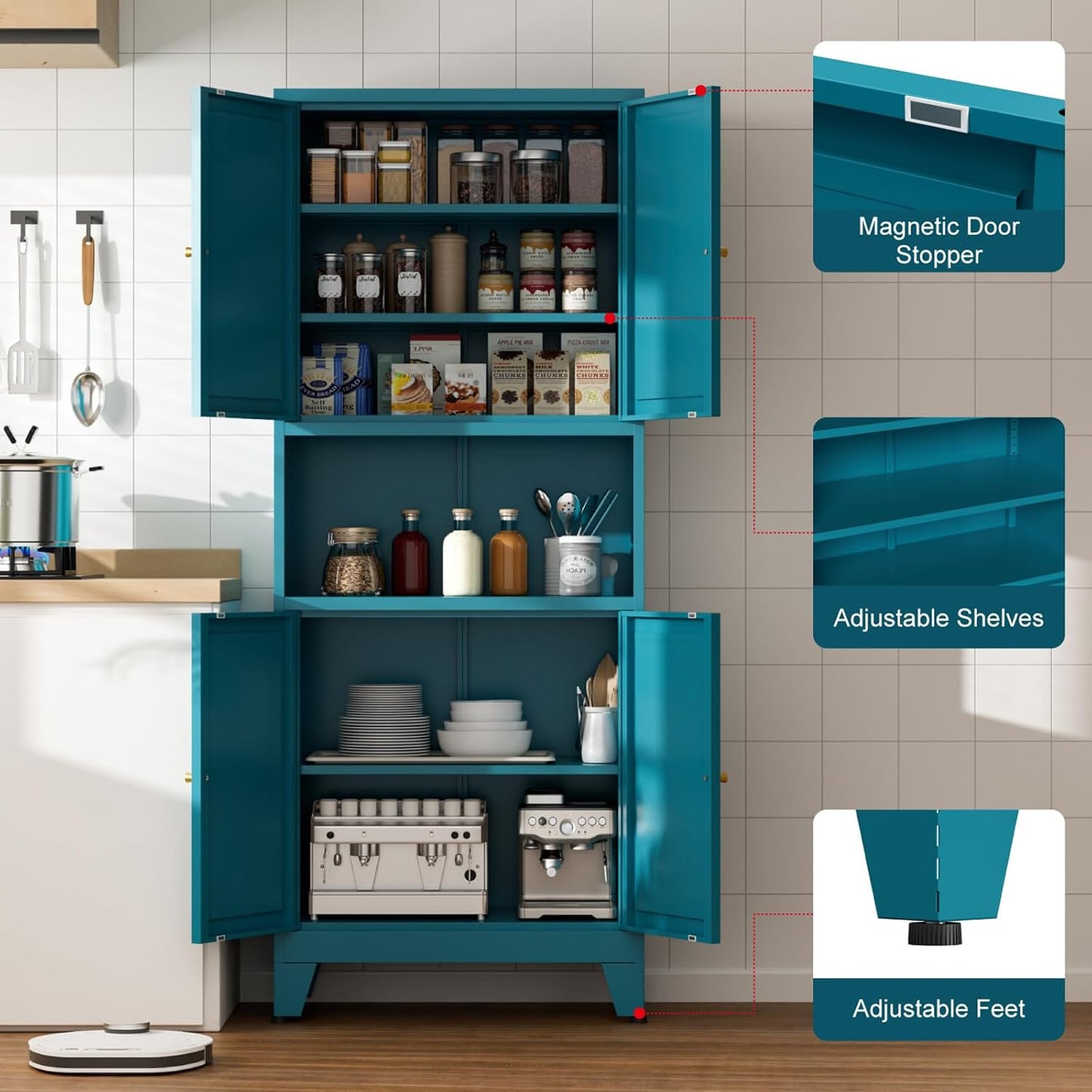 69" Tall Kitchen Pantry Cabinet, Metal Storage Cabinet with 4 Doors and Adjustbale Shelves, Freestanding Cupboards for Dining Room, Living Room, Bathroom