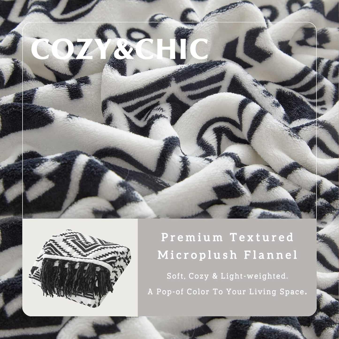 CASAAGUSTO Boho Throw Blanket - Black and White Decorative Blankets with Tassel, Printed Flannel Bohemian Blanket for Chair, Bed, Sofa, Couch(50 * 60, Black and White)