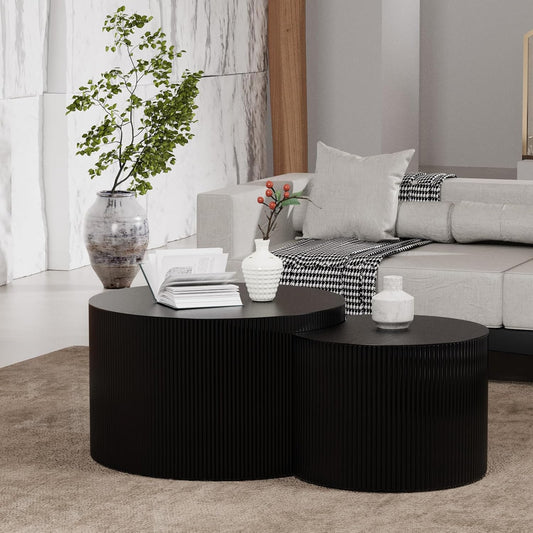 Round Coffee Table Set of 2, Nesting Coffee Table and End Table Set Small Circle Drum Side Table for Living Room Office, No Assembly (D Black Crescent)