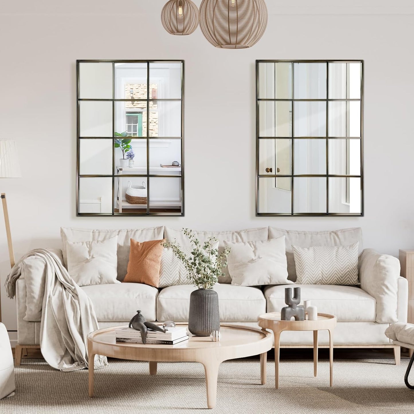 Windowpane Wall Mirror 24"x36" Bronze Wall Mounted Art Pane Mirror Farmhouse Decorative Mirror Leaning Hanging Wall Mirror for Bedroom Living Room Entrance Hallway Wall Decor