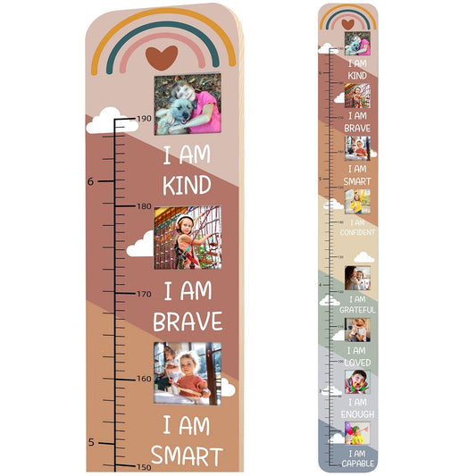 Solid Wood Inspirational Growth Chart for Kids with Photo Windows, Motivational Height Chart for Kids, Foldable Kids Height Wall Chart Milestone Marker, Positive Birthday Gift for Girls Room Decor