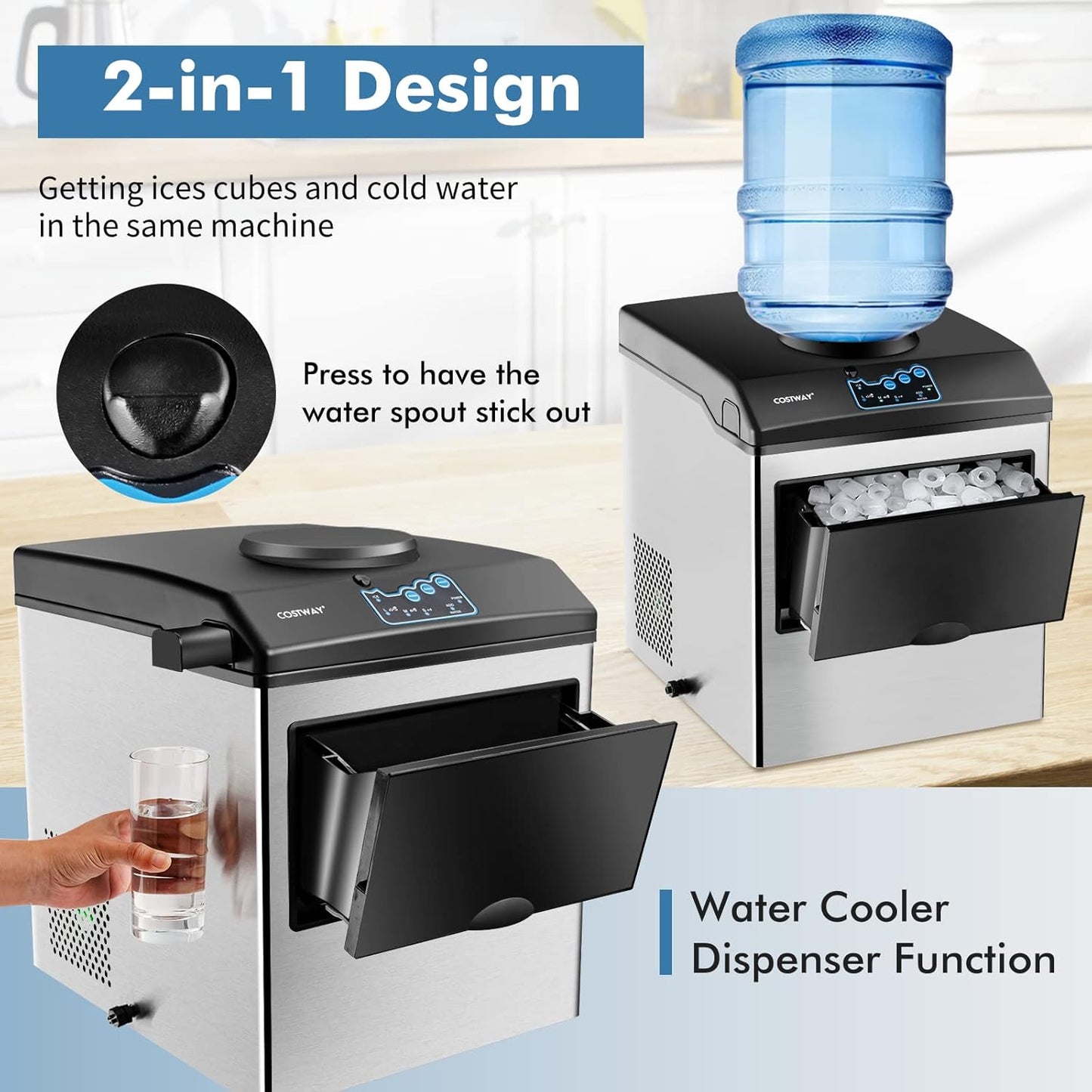 COSTWAY 2 in 1 Countertop Ice Maker Built-in Water Dispenser, 48LBS per Day, S/M/L Size Ice Cube, 5LBS Ice Storage Basket, Fast 6 Mins, Stainless Steel Ice Machine with Extendable Chilled Water Spout