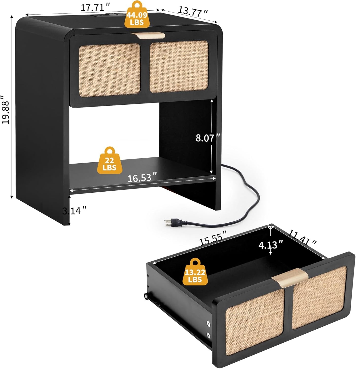 LEVNARY Nightstand Set of 2, Mid-Century Modern Bedside Table with Charging Station and Fabric-Like Textured Drawer, Wooden End Table for Farmhouse Bedroom Living Room (2, Black)