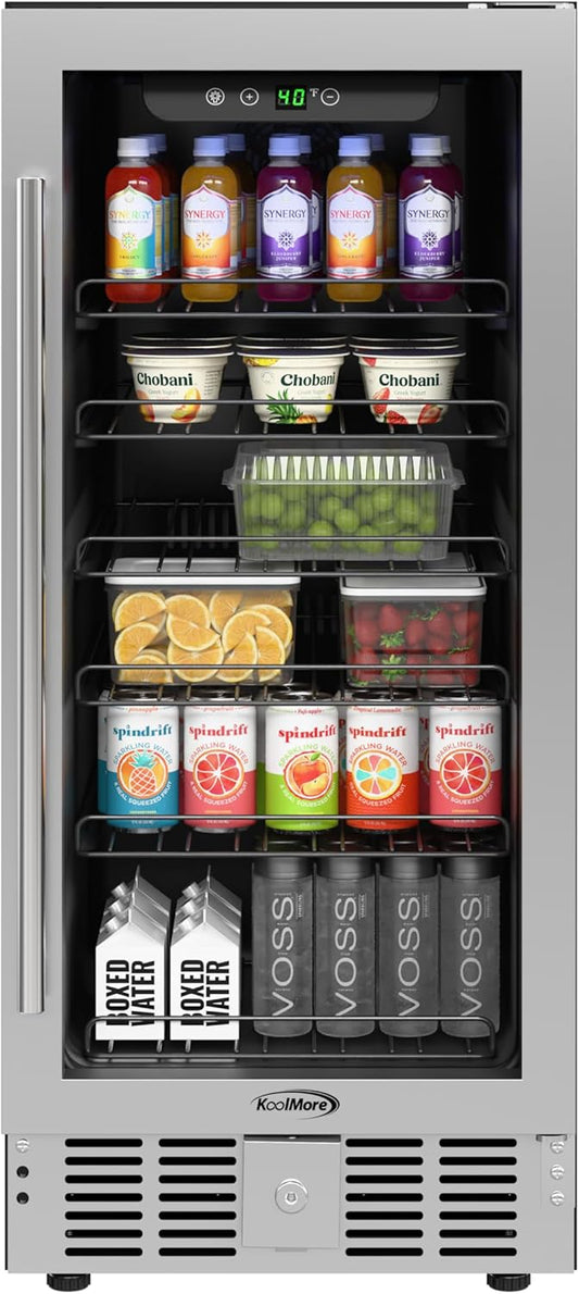 KoolMore 15” Inch Small Built-In Refrigerator and Beverage Cooler for Soda Cans, Beer Cans, Food and Fresh Snacks, 5 Wire Shelves, Adjustable Temperature Range (KM-BIR3C-GD), Stainless Steel