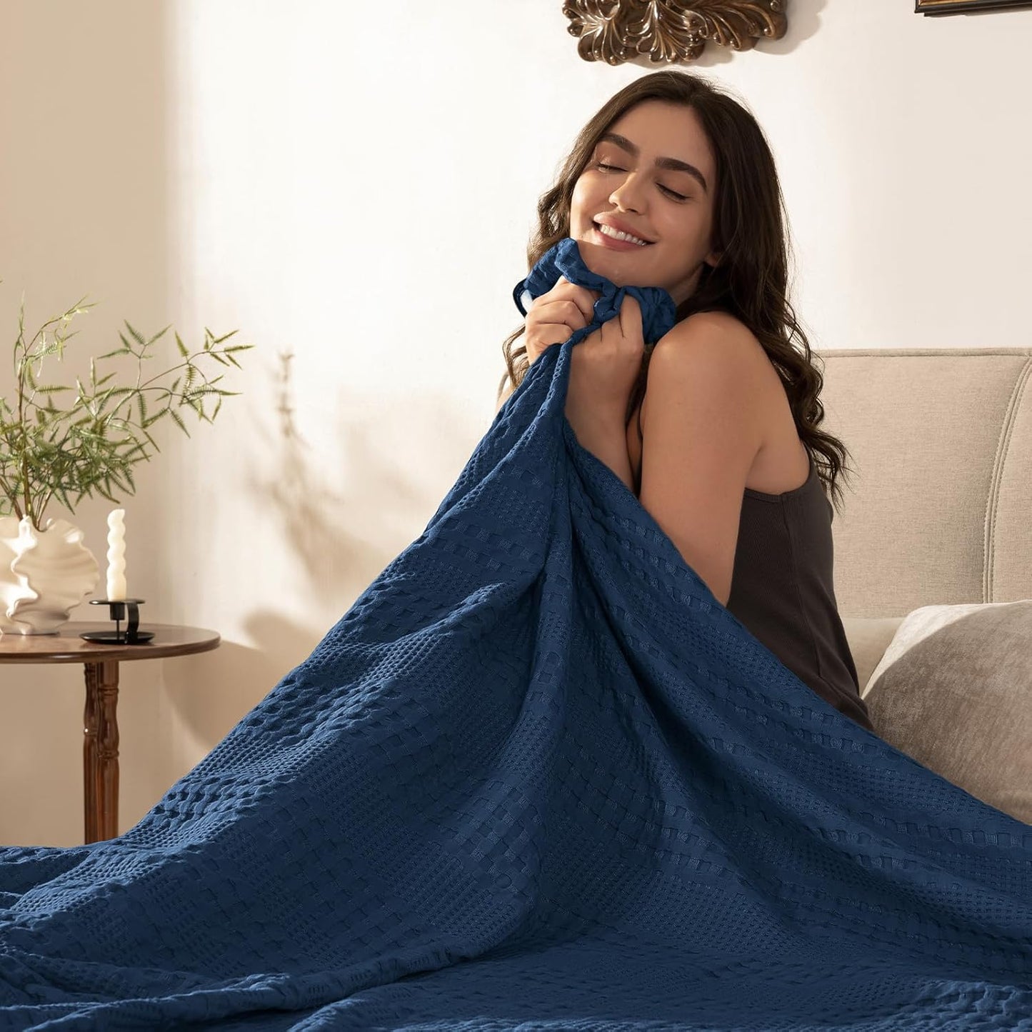 PHF Cooling Waffle Blanket King Size, Lightweight 60% Rayon Derived from Bamboo & 40% Cotton Breathable Blanket for Hot Sleepers, Soft and Luxury for Bed Couch and Sofa, 104"x90", Navy Blue