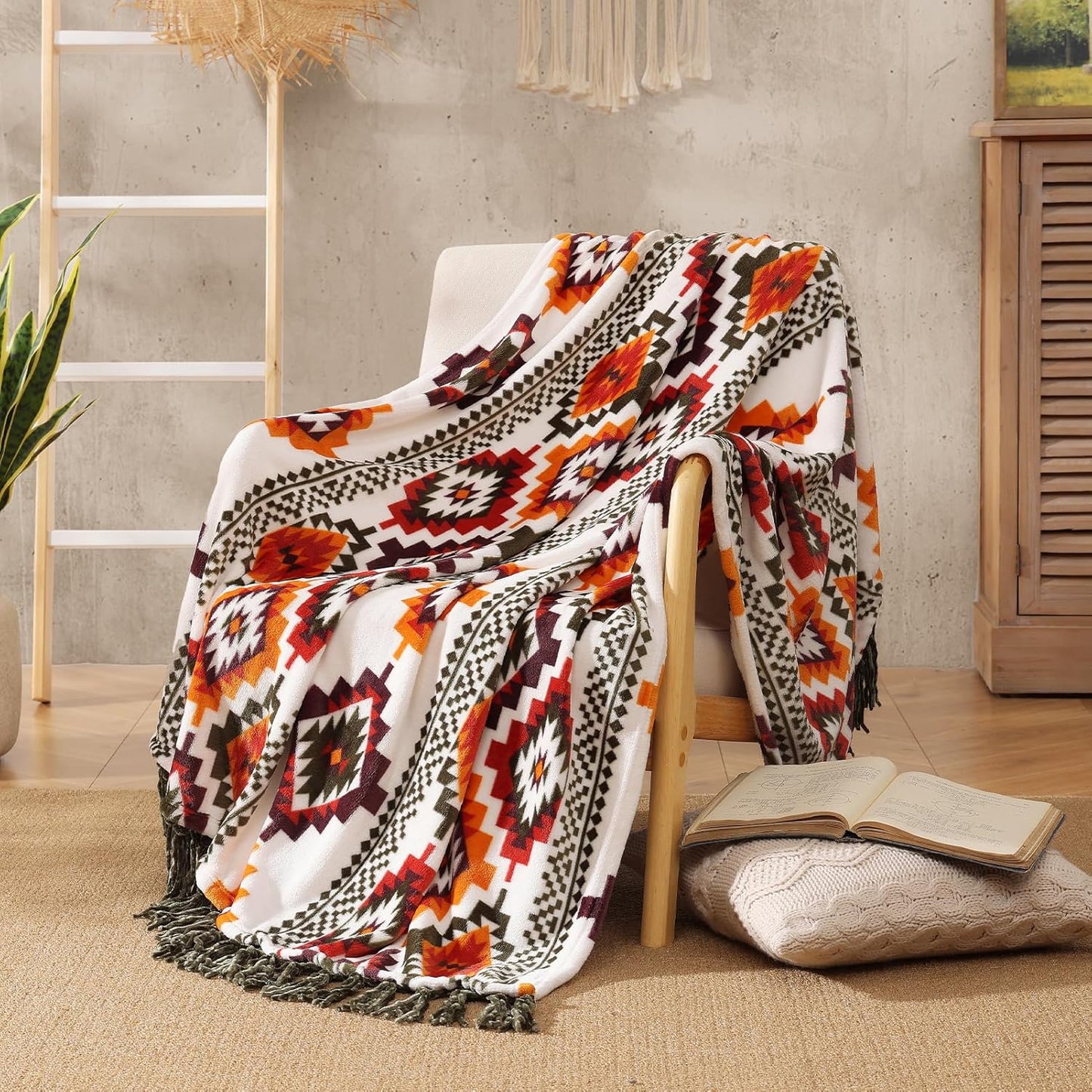 CASAAGUSTO Boho Throw Blanket - Orange and Green Decorative Blankets with Tassel, Printed Flannel Bohemian Blanket for Chair, Bed, Sofa, Couch(60 * 80, Orange and Green)