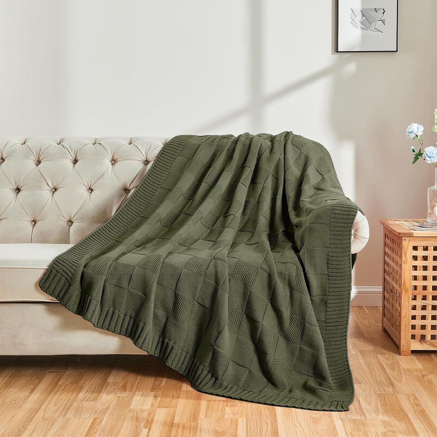 CozeCube Check Knit Throw Blanket, Olive Green Checkered Throw for Couch, Decorative Christmas Soft Cozy Warm Knitted Blanket for Bed Sofa Living Room, 60"X80"