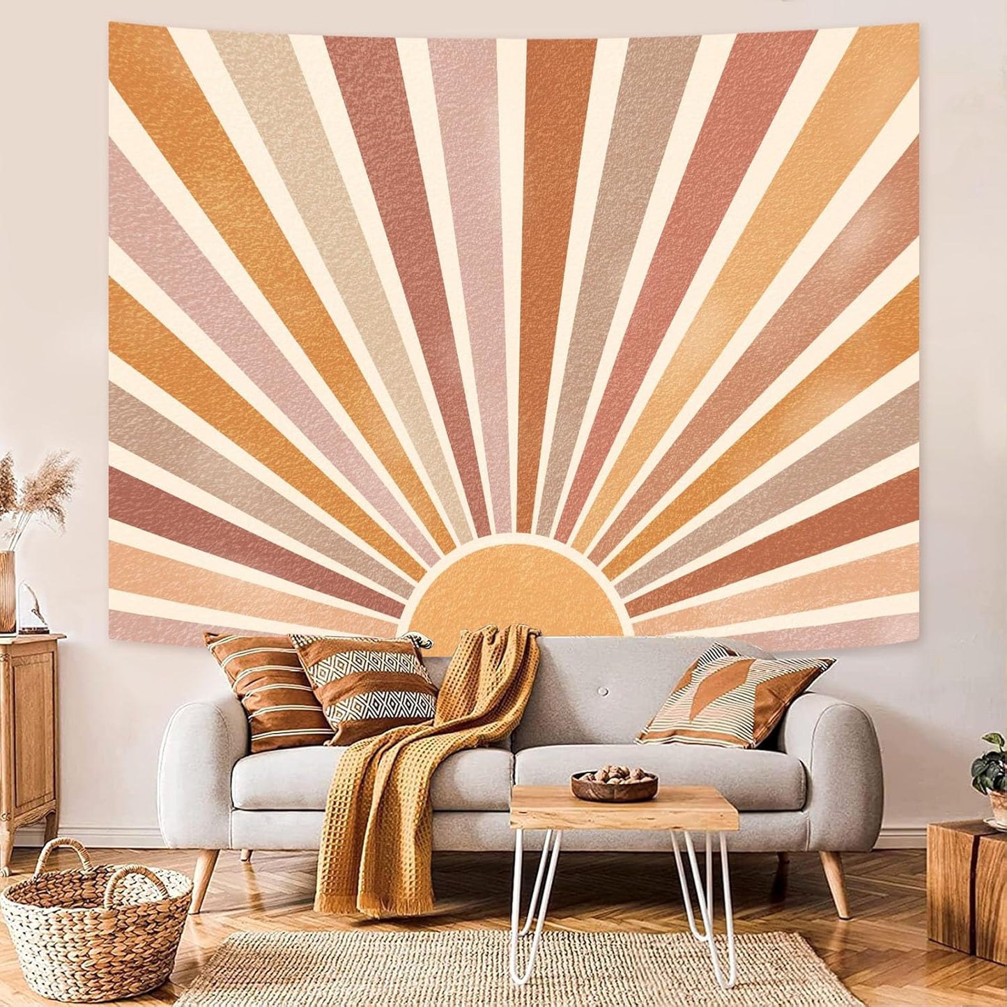 Kanuyee Retro Burning Sun Tapestry Wall Hanging, Vintage 70s Abstract Geometric Sunrise Tapestries for Bedroom Living Room Backdrop 44×60 inch