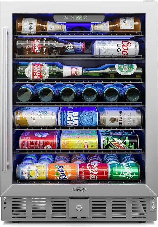 KoolMore 23.4” Inches Small Built-In Glass Door Refrigerator and Beverage Cooler for Soda Cans, 6 Wire Shelves, Adjustable Temperature Range [5.1 Cu. Ft.], 24" Inch (KM-BIR5C-GD)