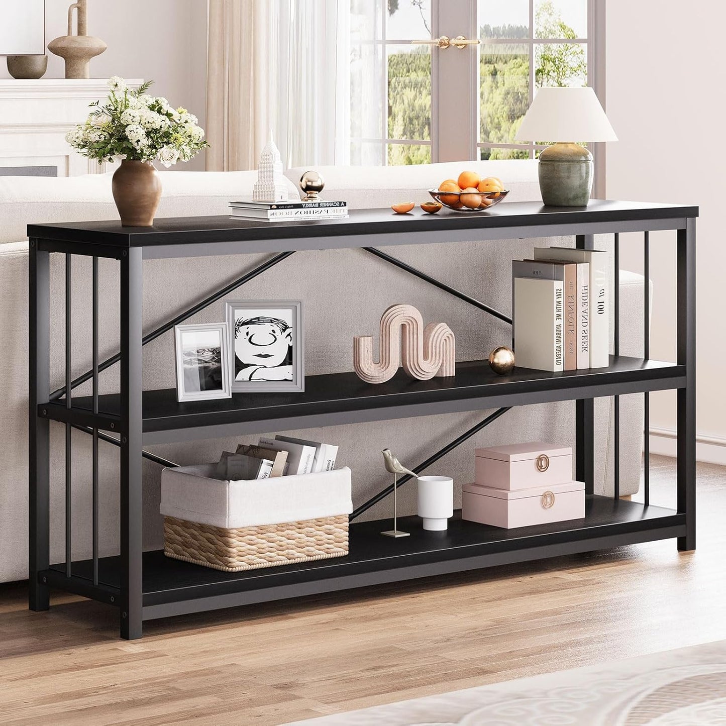 LVB Black Entryway Table, Modern Narrow Console for Hallway, Industrial Farmhouse Foyer Table with Storage Shelves, 63 Inch