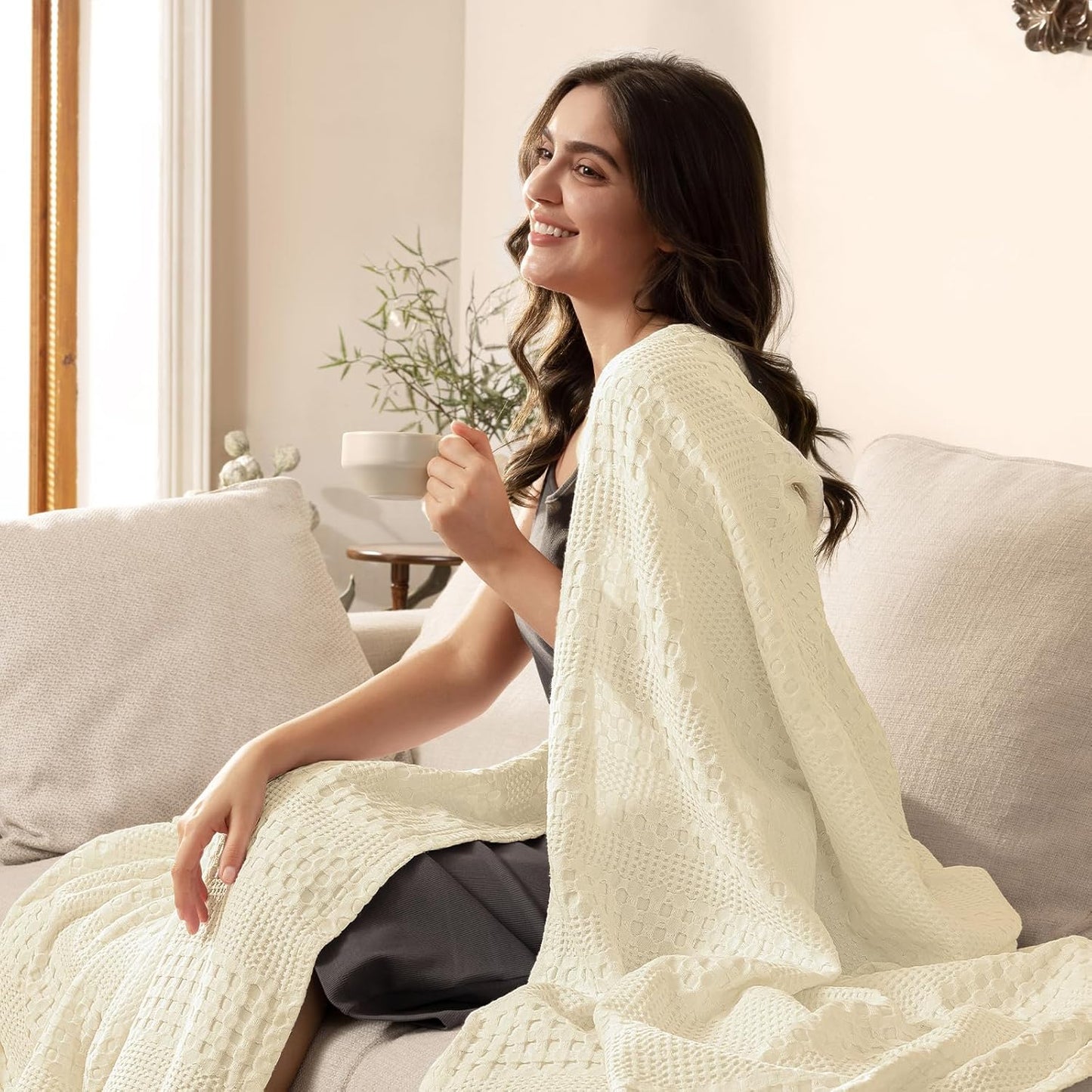 PHF Cooling Waffle Blanket Twin Size, Lightweight 60% Rayon Derived Bamboo & 40% Cotton Breathable Blanket for Hot Sleepers, Soft and Luxury for Bed Couch and Sofa, 66"x90", Ivory
