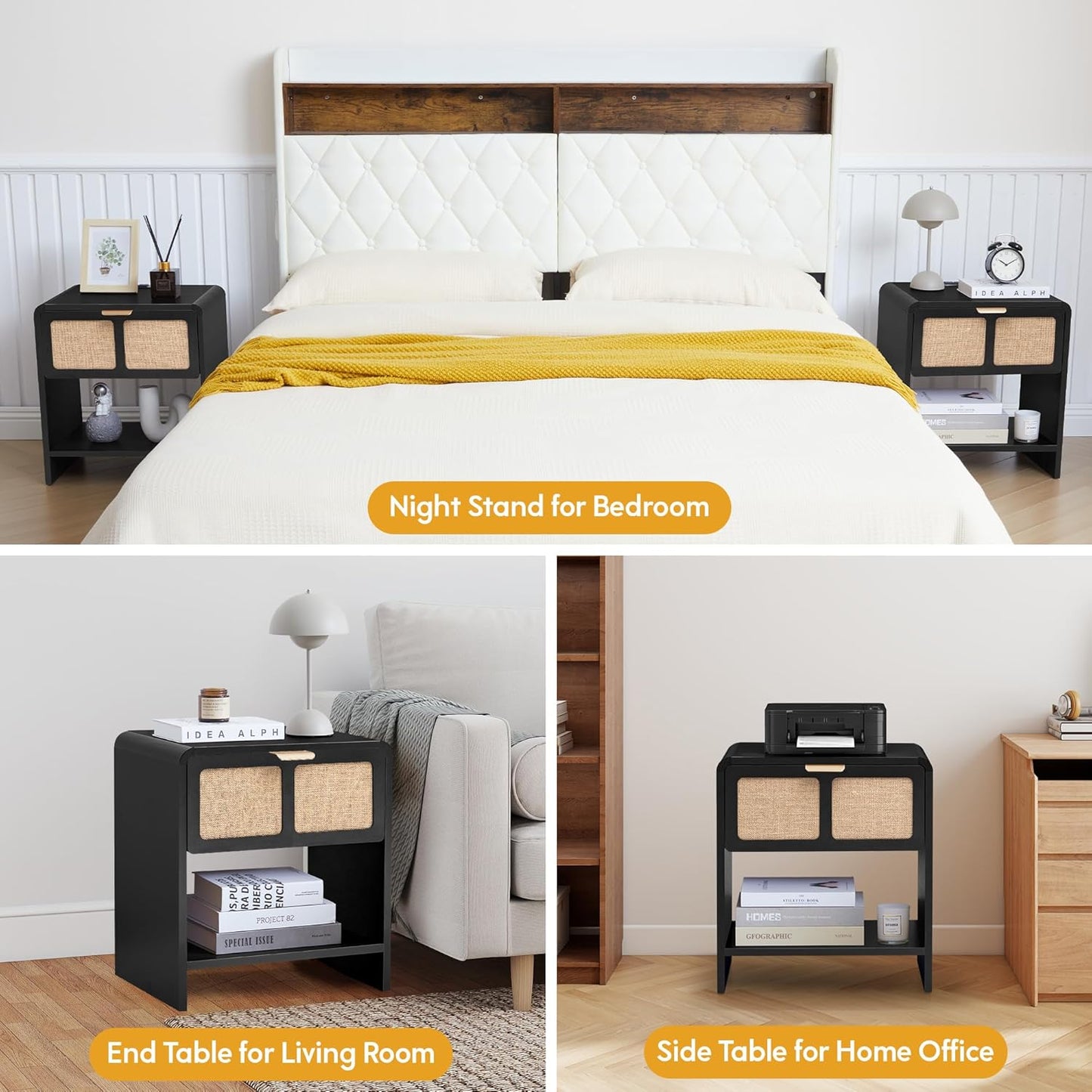 LEVNARY Nightstand Set of 2, Mid-Century Modern Bedside Table with Charging Station and Fabric-Like Textured Drawer, Wooden End Table for Farmhouse Bedroom Living Room (2, Black)