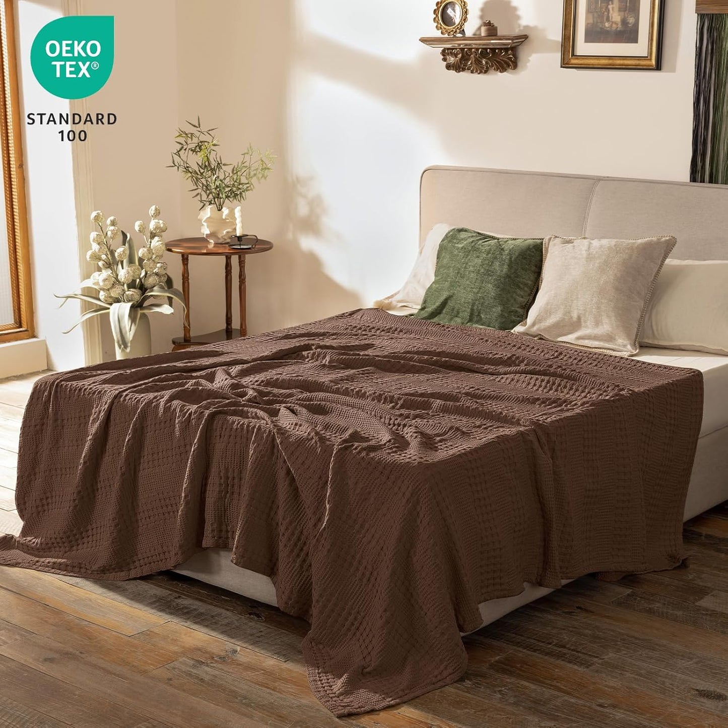 PHF Cooling Waffle Blanket Twin Size, Lightweight 60% Rayon Derived from Bamboo & 40% Cotton Breathable Blanket for Hot Sleepers, Soft and Luxury for Bed Couch and Sofa, 66"x90", Cocoa Brown
