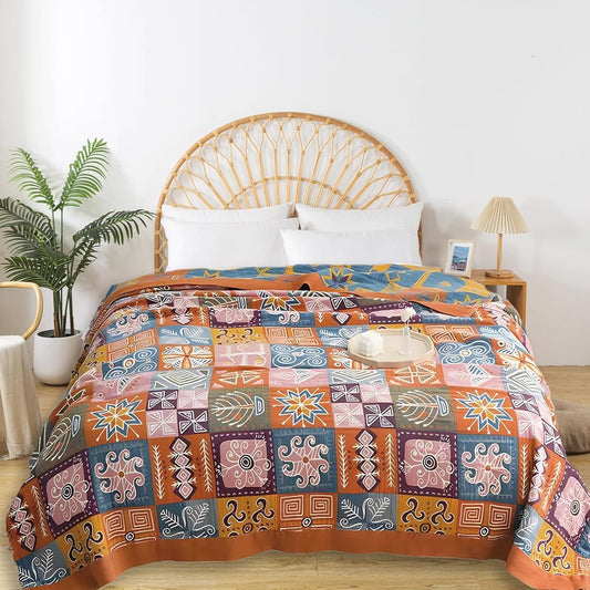Boho Throw Blanket for Bed - 100% Pure Cotton Ultra Soft Rustic Quilt - Farmhouse Decor Bed Blankets, All Season Rustic Throw for Sofa Couch Chair(80''x 90'', Art Squares)