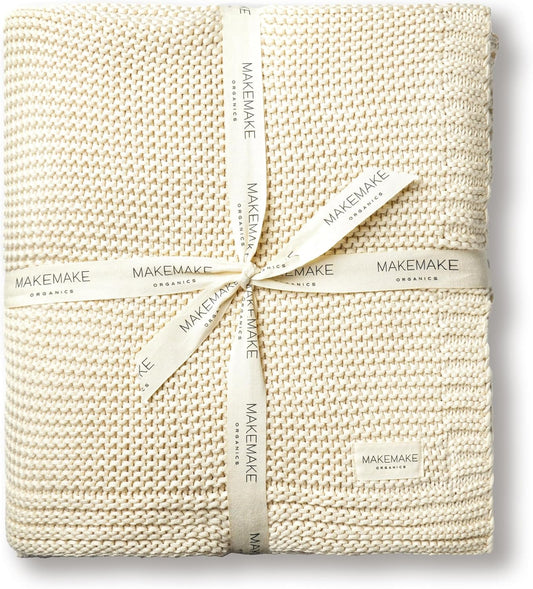 MakeMake Organics Organic Throw Blanket GOTS Certified Organic Cotton Blanket Chunky Knit Super Soft Cozy Fall Winter Large Adults Throw Blanket (50x60, Vanilla)