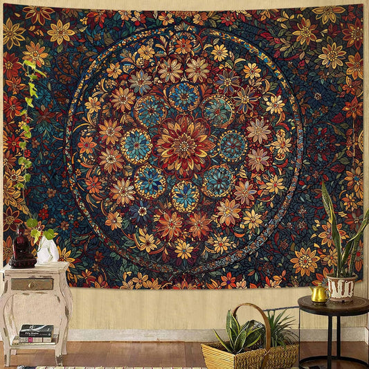 Fowocu Boho Floral Mandala Tapestry Wall Hanging Vintage Bohemian Flower Medallion Tapestry Aesthetic Orange Stained Glass Hippie Tapestries for Bedroom Living Room Dorm Decor 60 x 44 Inch
