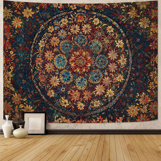 Fowocu Boho Floral Mandala Tapestry Wall Hanging Vintage Bohemian Flower Medallion Tapestry Aesthetic Orange Stained Glass Hippie Small Tapestries for Bedroom Living Room Dorm Decor 40 x 30 Inch